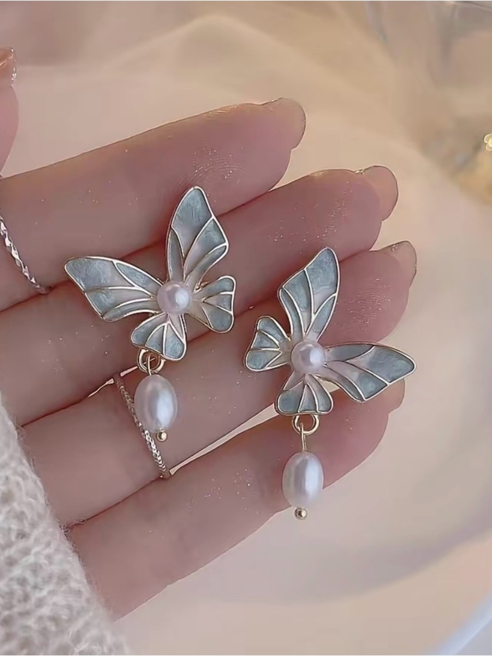 Gold-Tone Mint & Peach Butterfly Pearl Drop Earrings